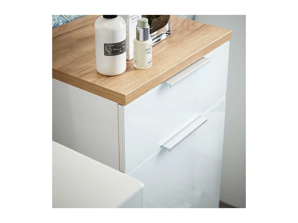 Badezimmer Unterschrank in Weiß Glas beschichtet Eichefarben