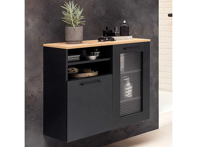 Badezimmer Hängeschrank in Schwarz mit Metallgriffen