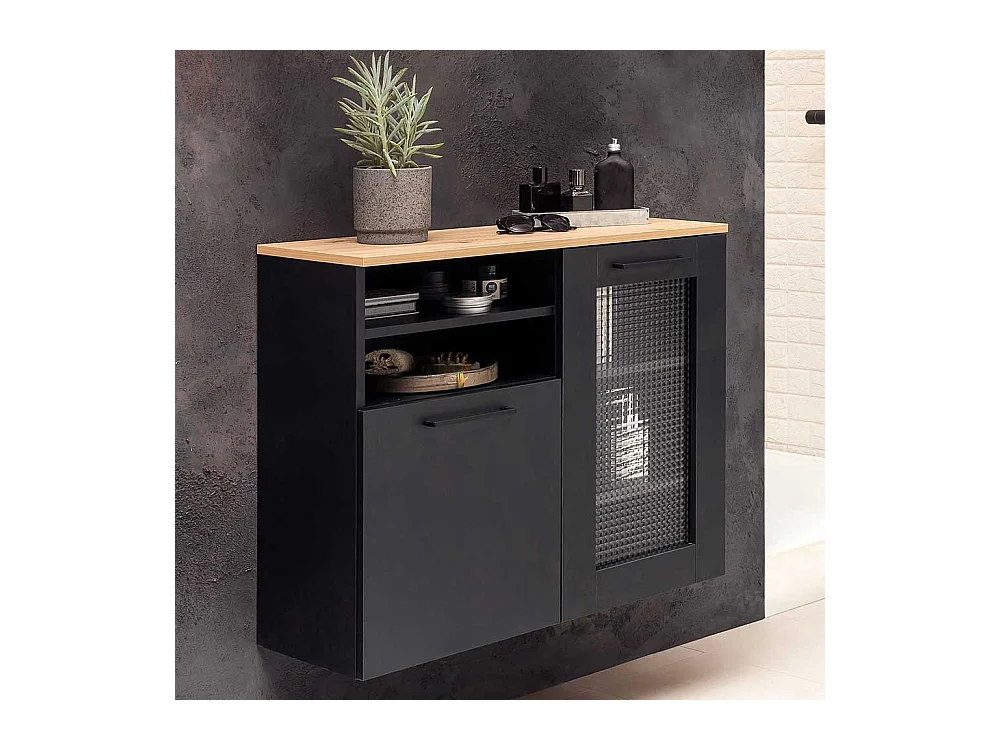 Badezimmer Hängeschrank in Schwarz mit Metallgriffen