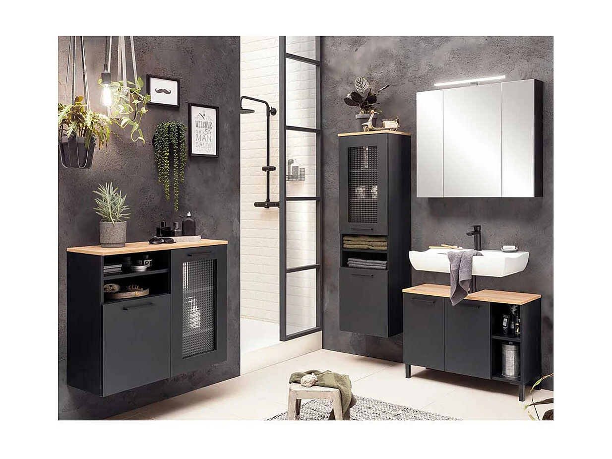 Badezimmer Hängeschrank in Schwarz mit Metallgriffen