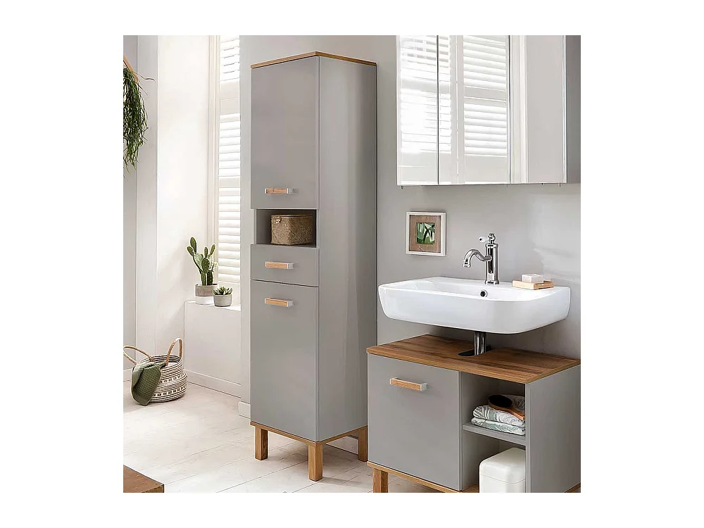 Badezimmerhochschrank in Platingrau und Eichefarben 2 Drehtüren
