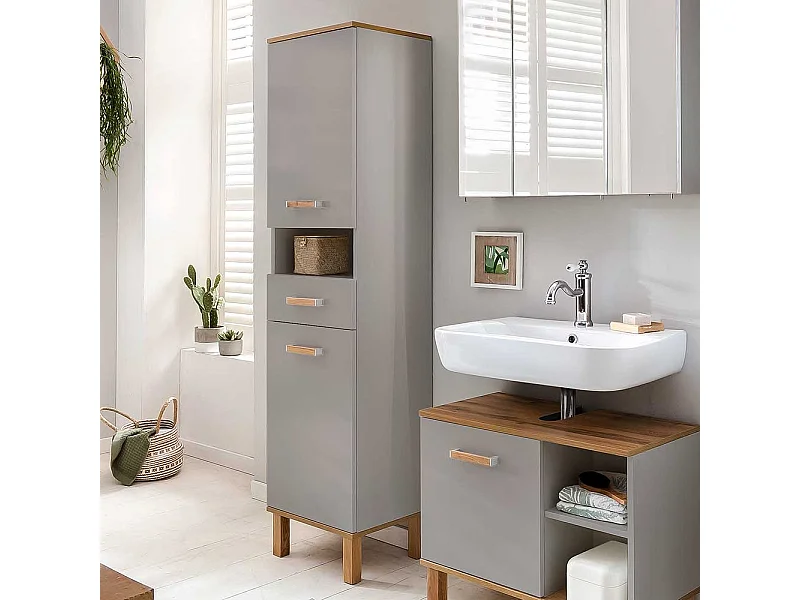 Badezimmerhochschrank in Platingrau und Eichefarben 2 Drehtüren