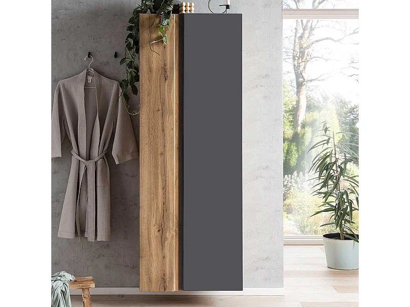 Hochschrank für Badezimmer in Wildeichefarben Dunkelgrau