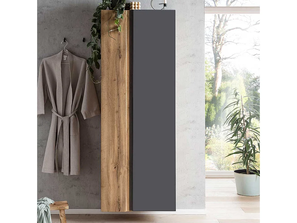 Hochschrank für Badezimmer in Wildeichefarben Dunkelgrau