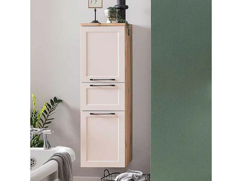 Badschrank Badhochschrank mit Holzwerkstoff Oberfläche und Metallgriffen