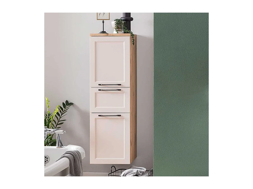 Badschrank Badhochschrank mit Holzwerkstoff Oberfläche und Metallgriffen