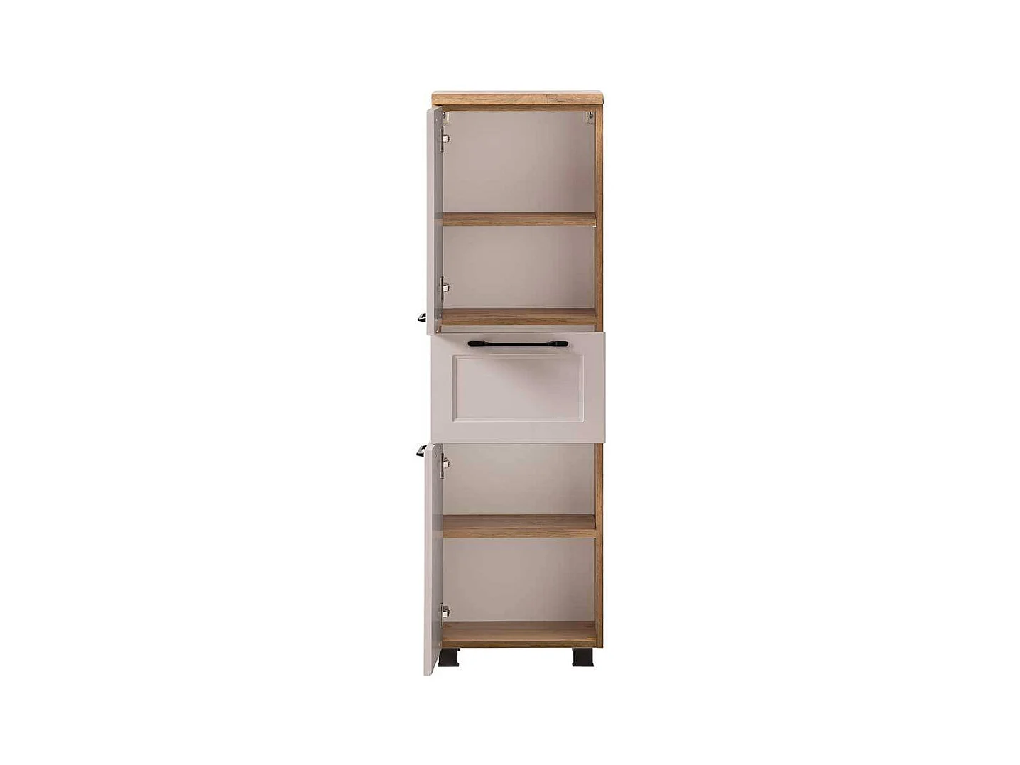 Badschrank Badhochschrank mit Holzwerkstoff Oberfläche und Metallgriffen