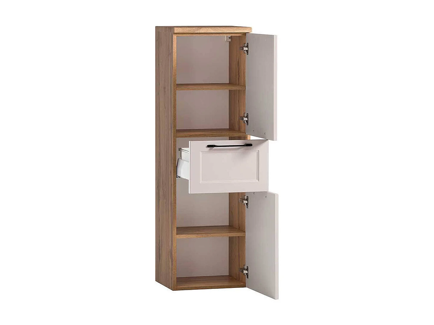 Badschrank Badhochschrank mit Holzwerkstoff Oberfläche und Metallgriffen