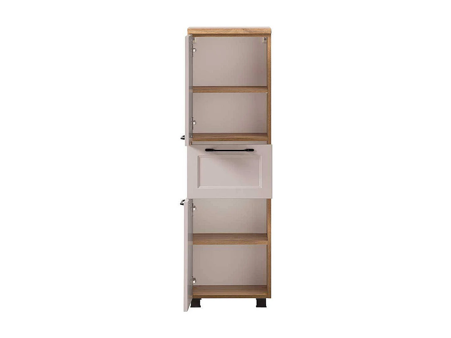 Badschrank Badhochschrank mit Holzwerkstoff Oberfläche und Metallgriffen