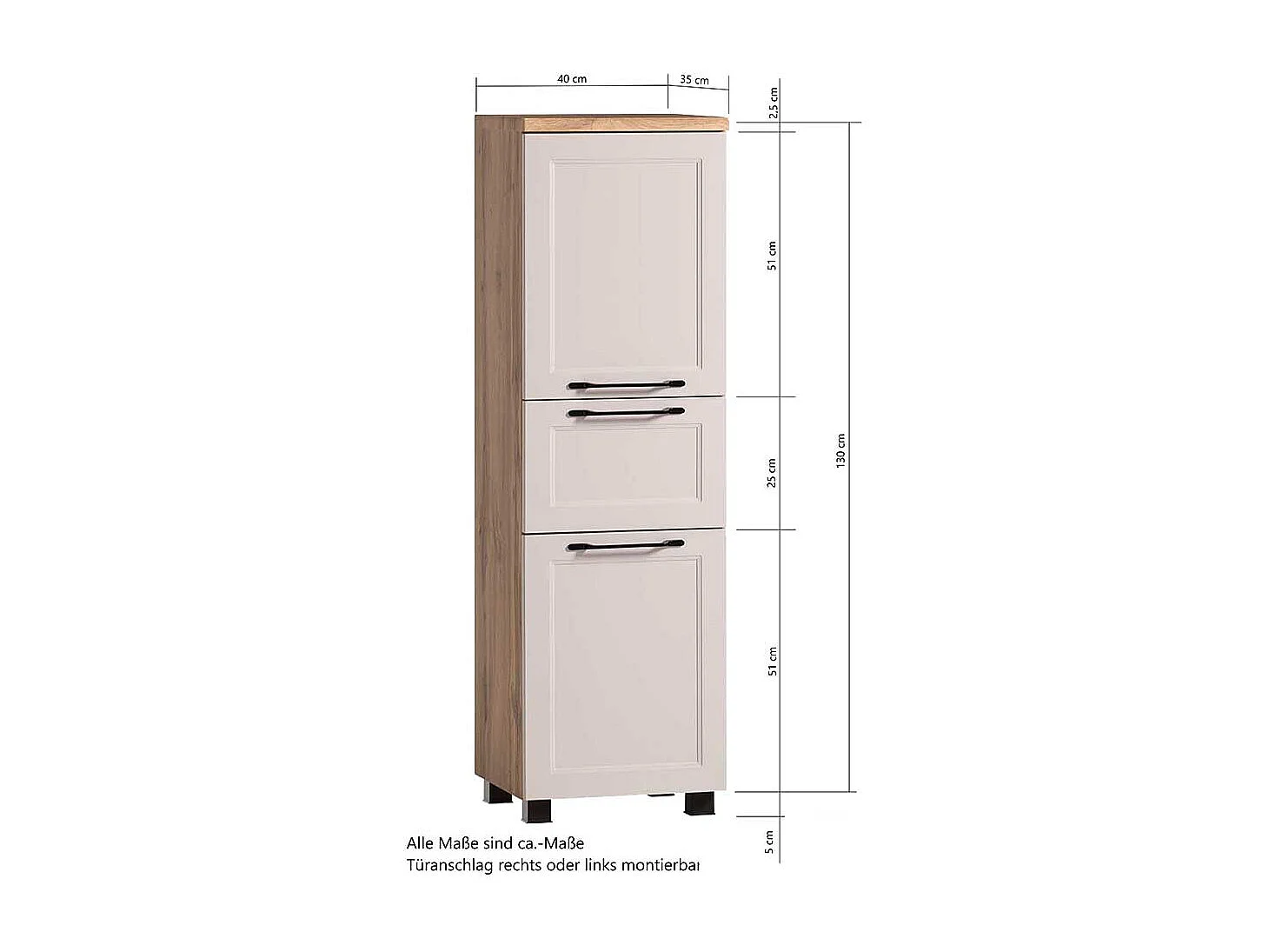 Badschrank Badhochschrank mit Holzwerkstoff Oberfläche und Metallgriffen