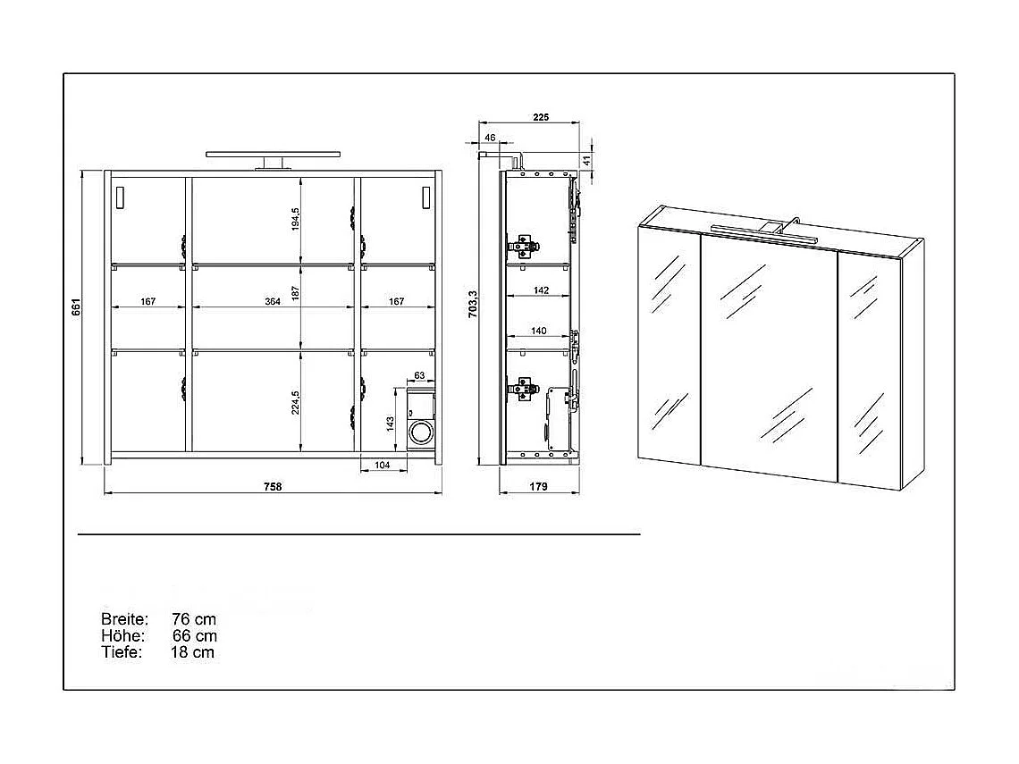 Bad Spiegelschrank mit LED Beleuchtung 3 türig