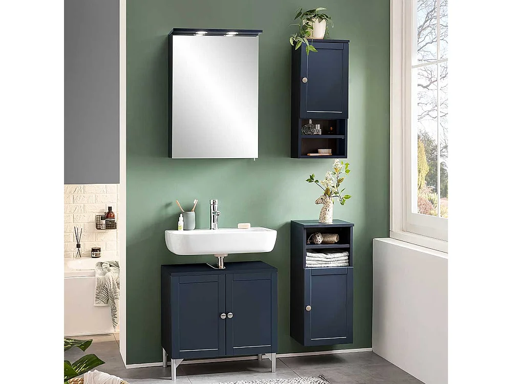 Badeschrank in Dunkelblau offenen Fächern