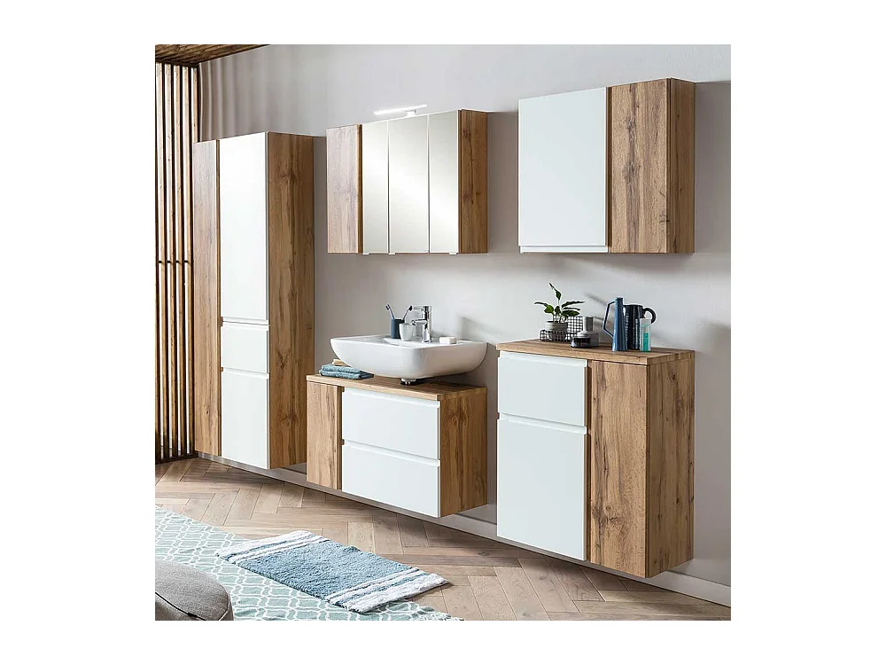 Badezimmer Hängeschrank in Weiß und Wildeichefarben Made in Germany