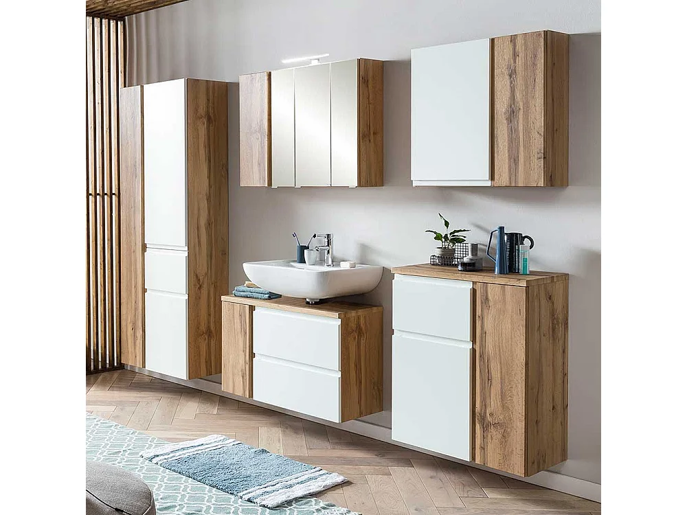 Badezimmer Hängeschrank in Weiß und Wildeichefarben Made in Germany