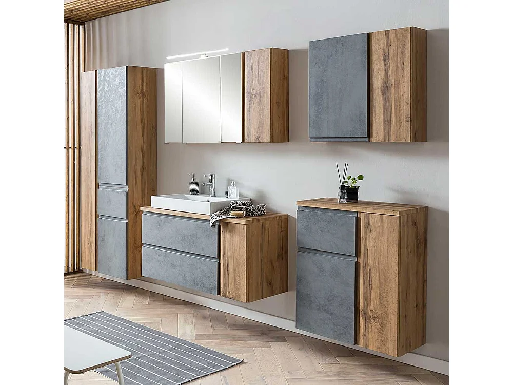 Badezimmer Hängeschrank in Wildeichefarben & Beton Grau Made in Germany