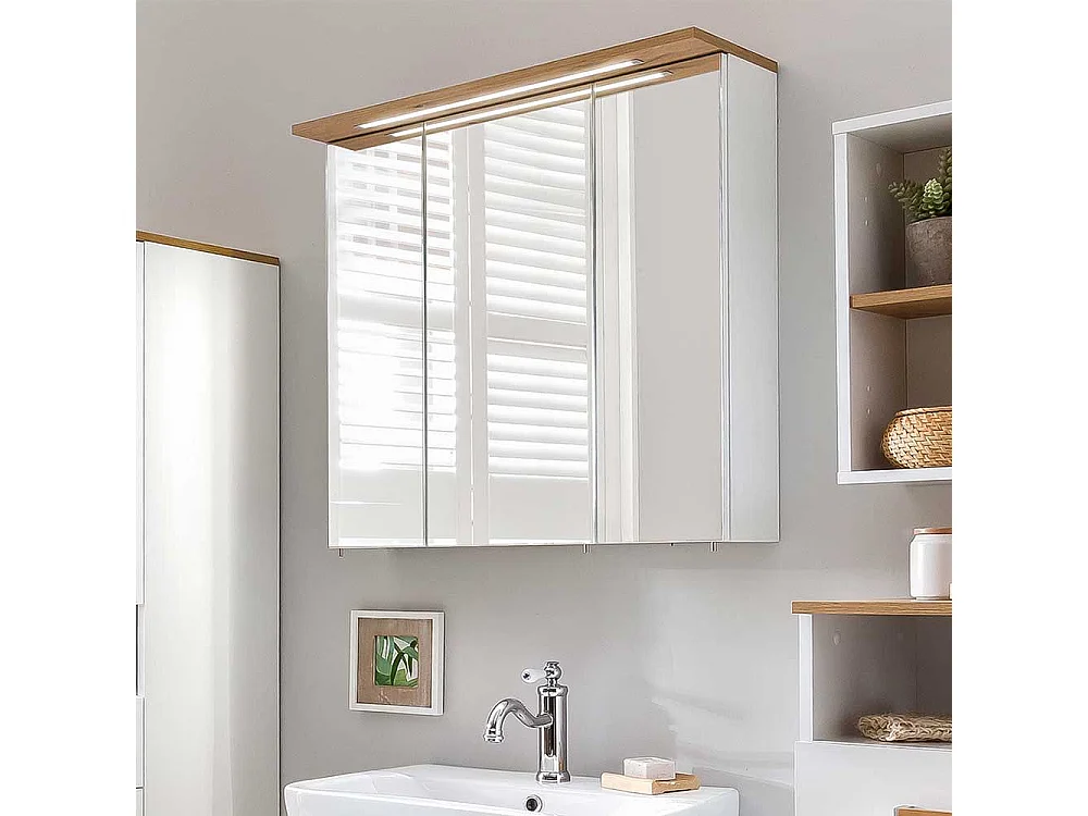 Spiegelschrank in Weiß und Eiche LED Beleuchtung