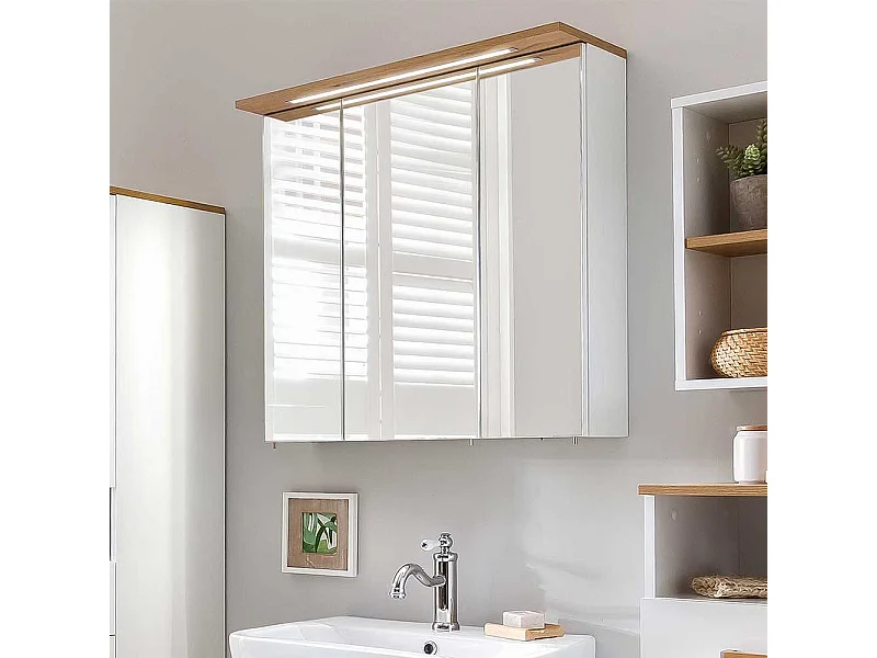Spiegelschrank in Weiß und Eiche LED Beleuchtung