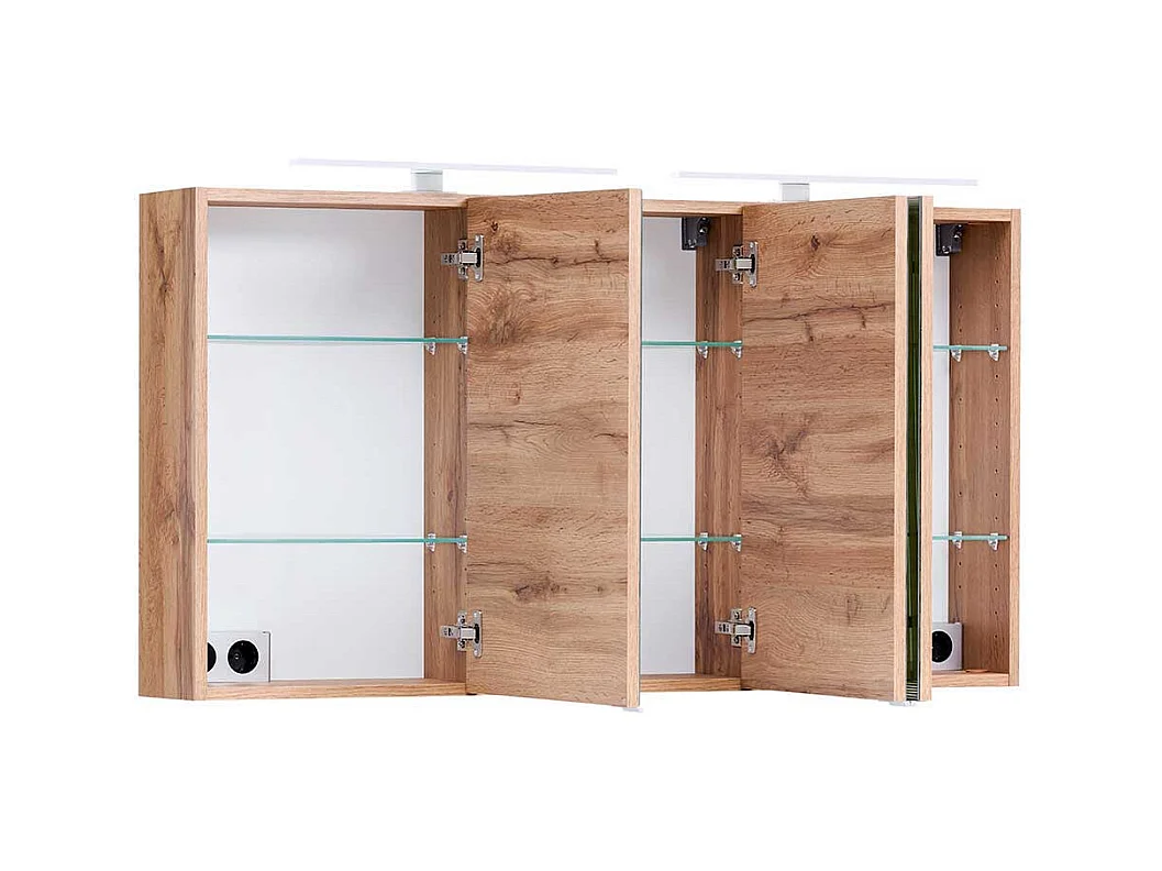 Großer 3D Spiegelschrank mit Aufsatzleuchten Korpus Wildeiche Optik