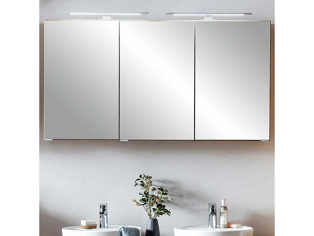 Großer 3D Spiegelschrank mit Aufsatzleuchten Korpus Wildeiche Optik