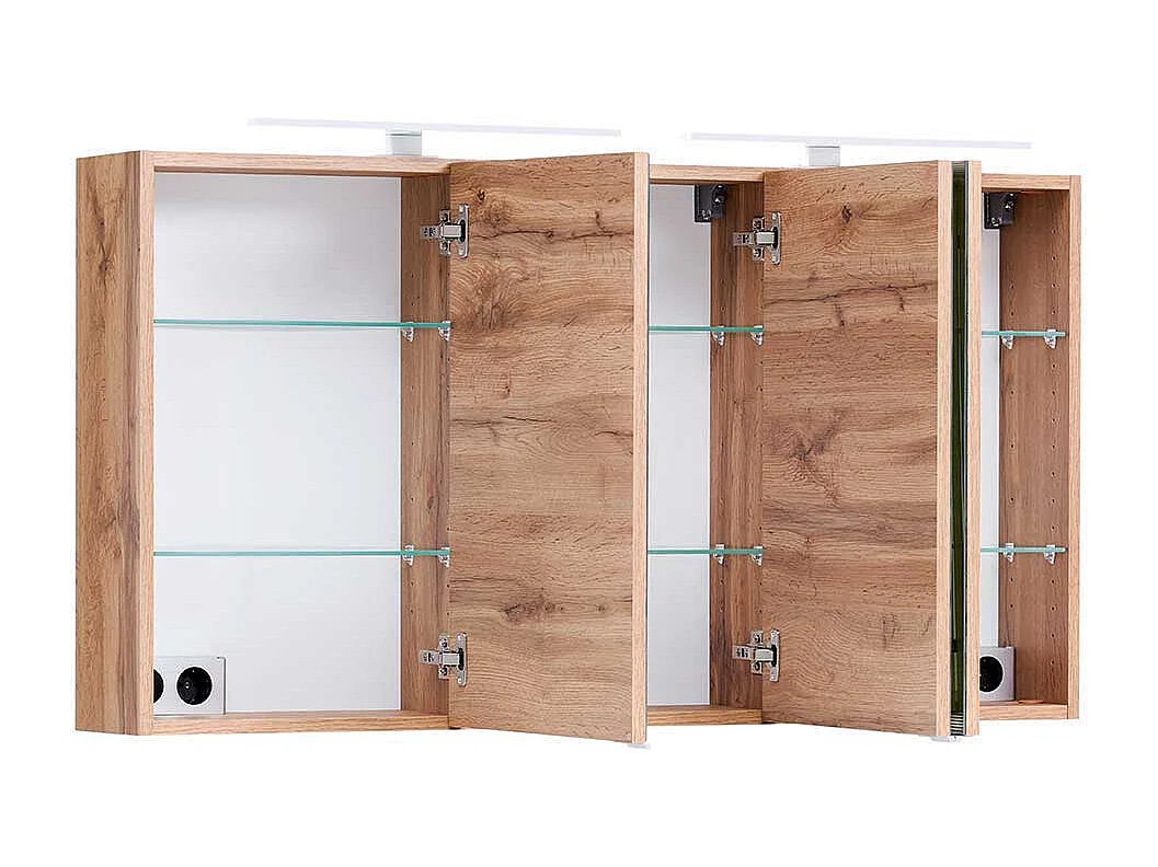 Großer 3D Spiegelschrank mit Aufsatzleuchten Korpus Wildeiche Optik