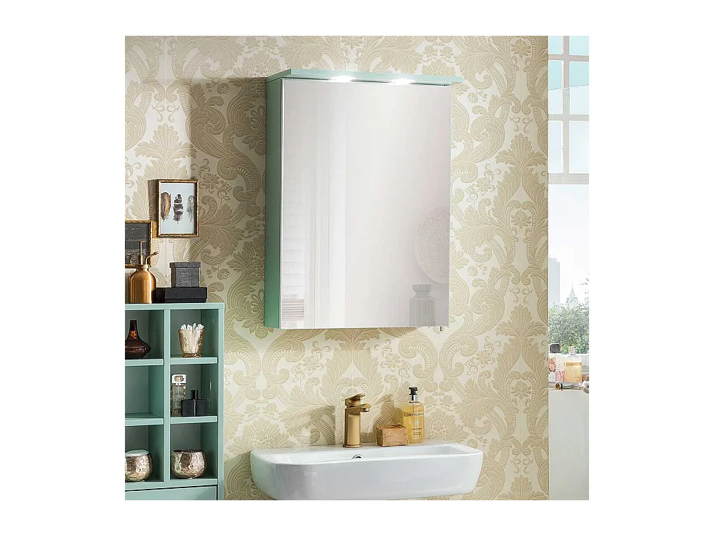 Badezimmer Spiegelschrank in Mintgrün und Goldfarben LED Beleuchtung