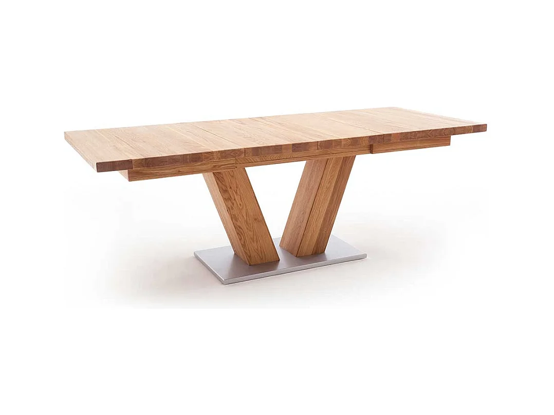 Ausziehbarer Esszimmertisch aus Wildeiche Massivholz V-Fußgestell
