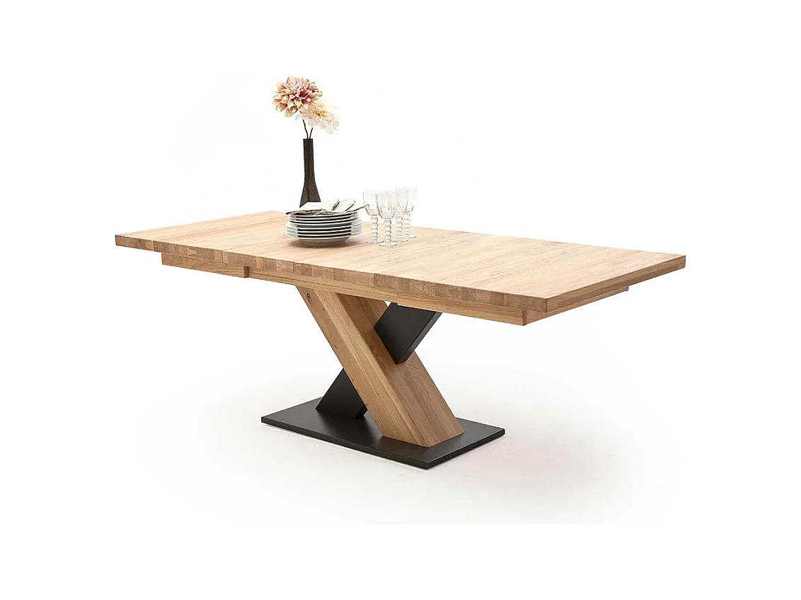 Ausziehbarer Tisch in Eiche Bianco und Schwarz Säulengestell