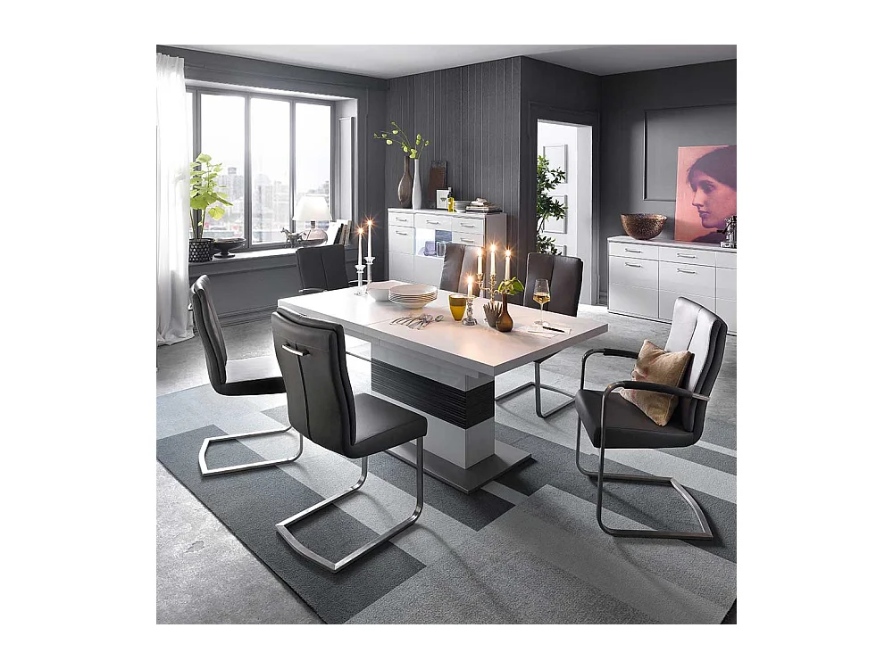 Säulen Esszimmertisch in Weiß Grau ausziehbar