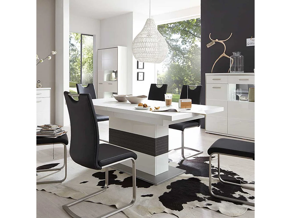 Säulen Esszimmertisch in Weiß Grau ausziehbar