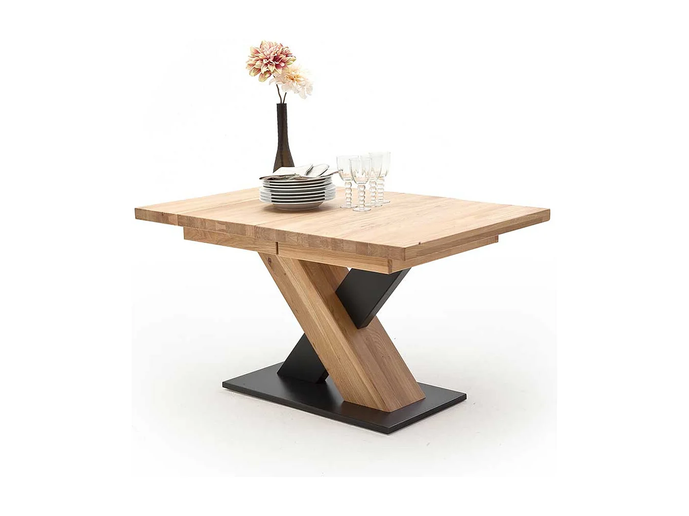 Ausziehbarer Tisch in Eiche Bianco und Schwarz Säulengestell