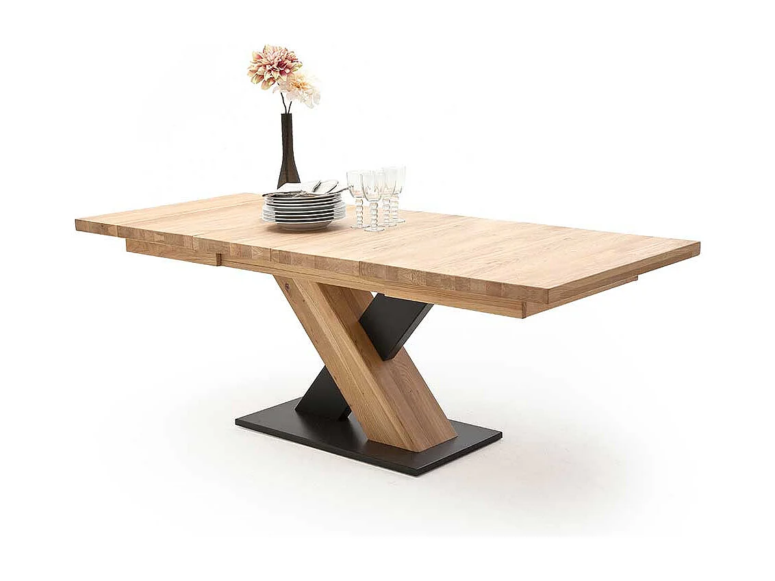 Ausziehbarer Tisch in Eiche Bianco und Schwarz Säulengestell