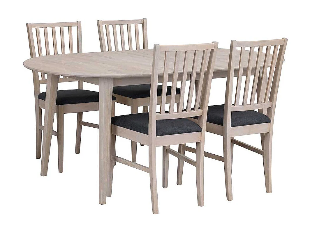 Ovaler Esstisch aus Eiche massiv in White Wash Optik ausziehbar