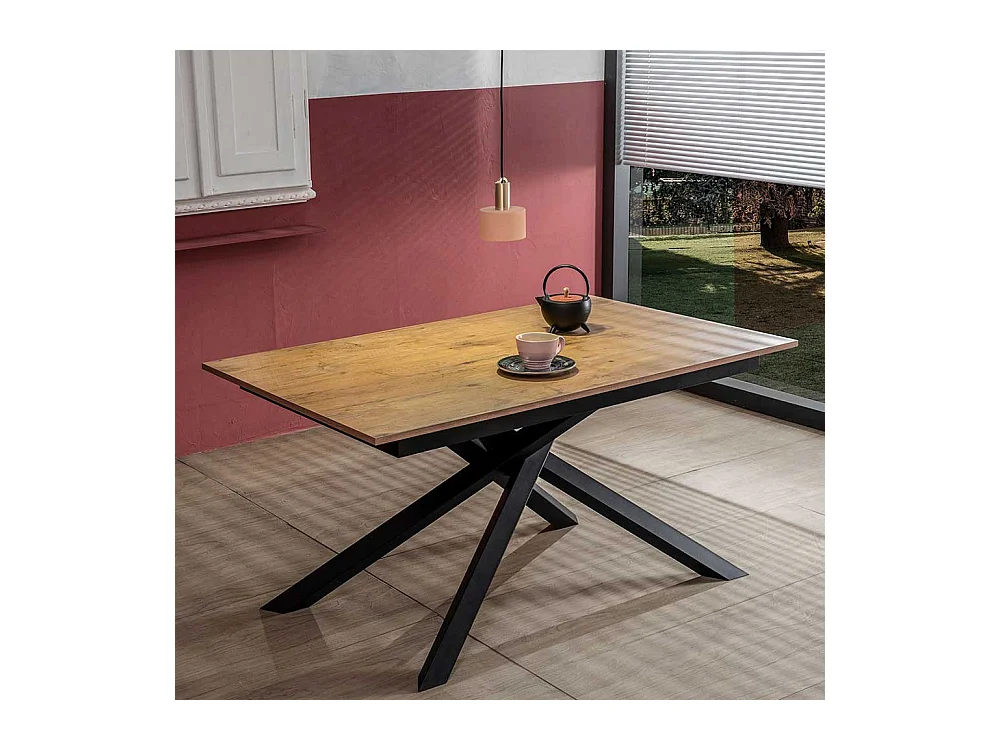 Ausziehbarer Esszimmertisch in Eichefarben und Schwarz Mikado Fußgestell