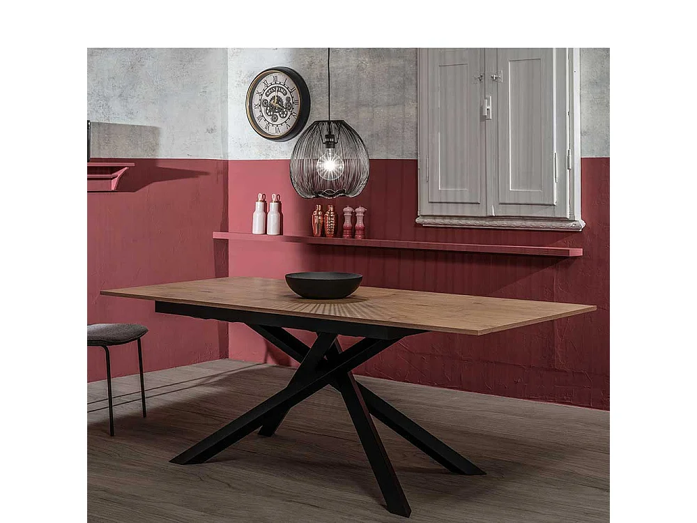 Ausziehbarer Esszimmertisch in Eichefarben und Schwarz Mikado Fußgestell