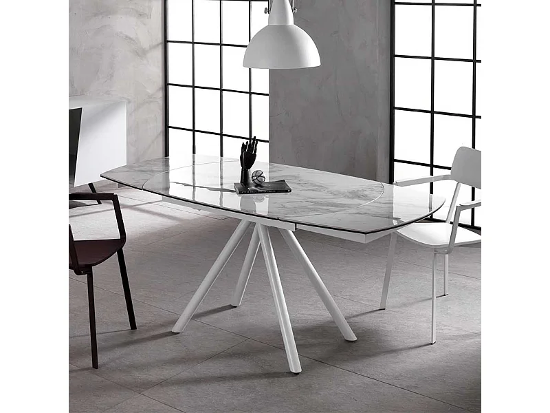 Ausziehbarer Esszimmertisch mit Keramikplatte Hellgrau und Weiß