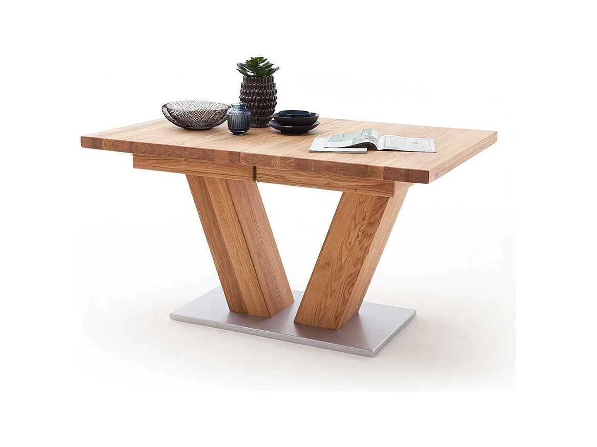 Ausziehbarer Esszimmertisch aus Wildeiche Massivholz V-Fußgestell