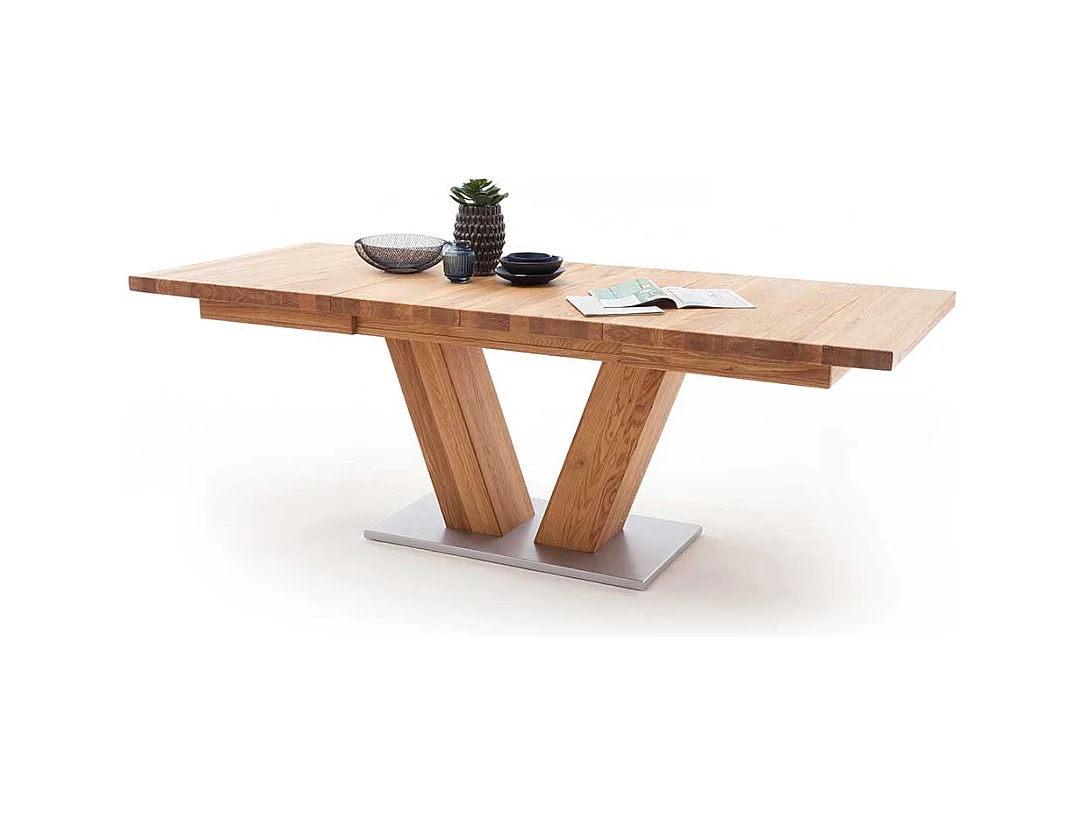 Ausziehbarer Esszimmertisch aus Wildeiche Massivholz V-Fußgestell