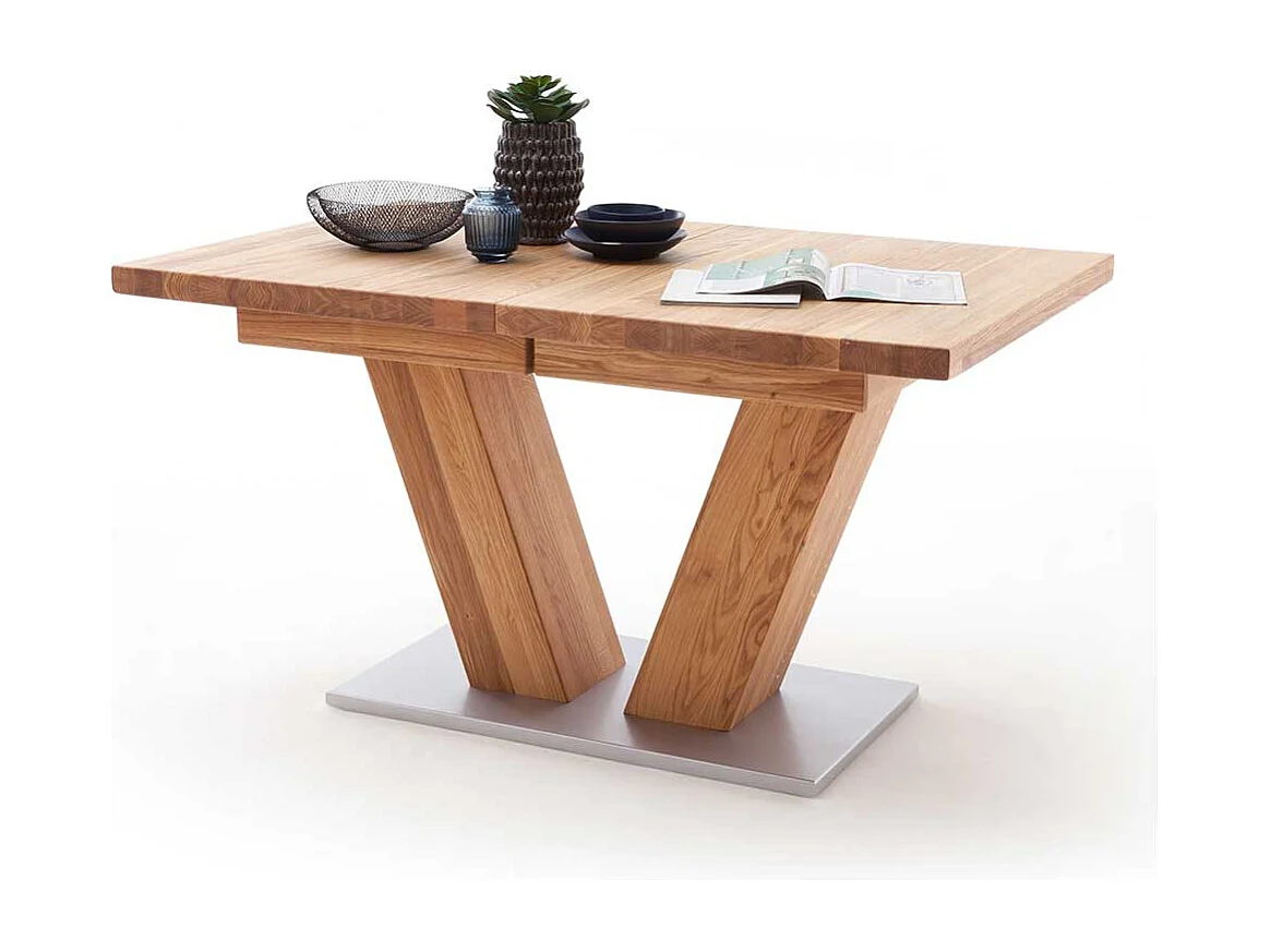 Ausziehbarer Esszimmertisch aus Wildeiche Massivholz V-Fußgestell