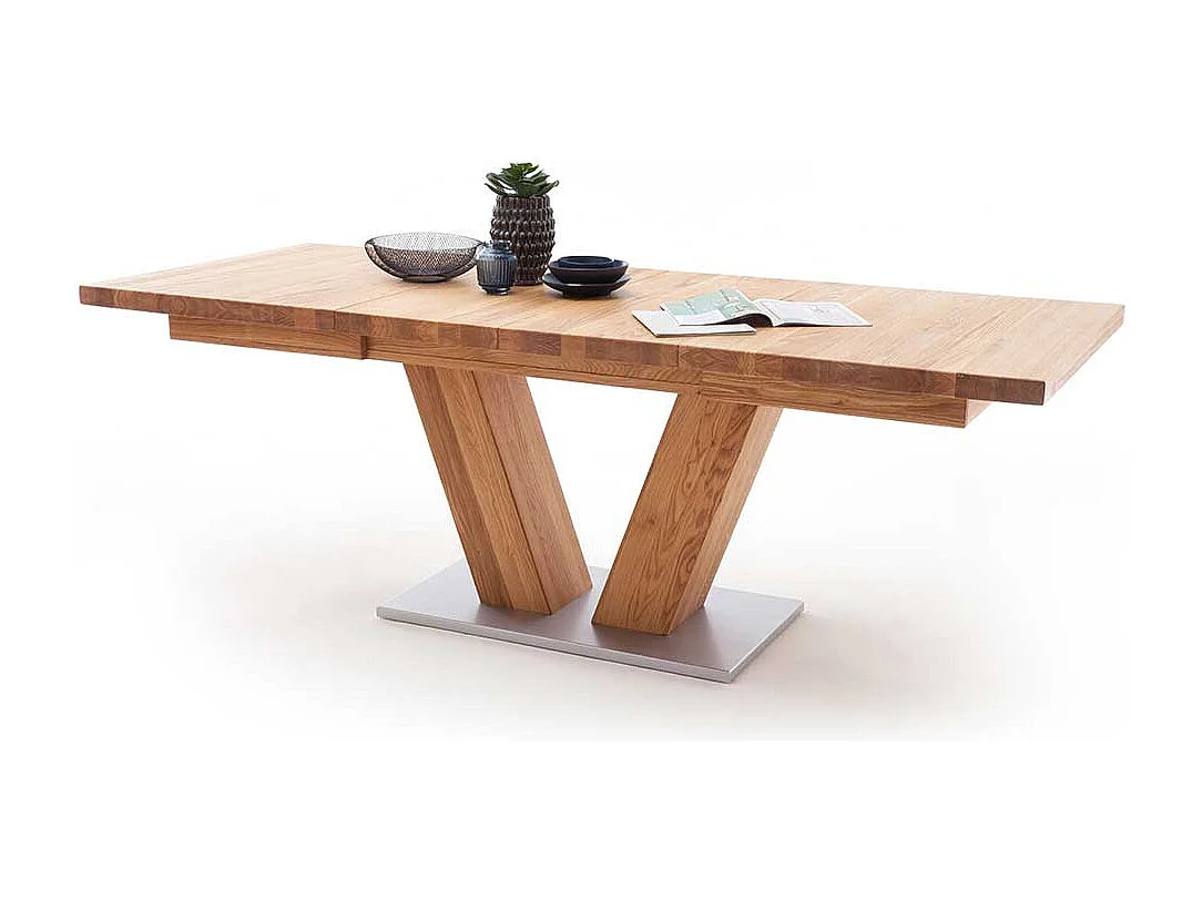 Ausziehbarer Esszimmertisch aus Wildeiche Massivholz V-Fußgestell