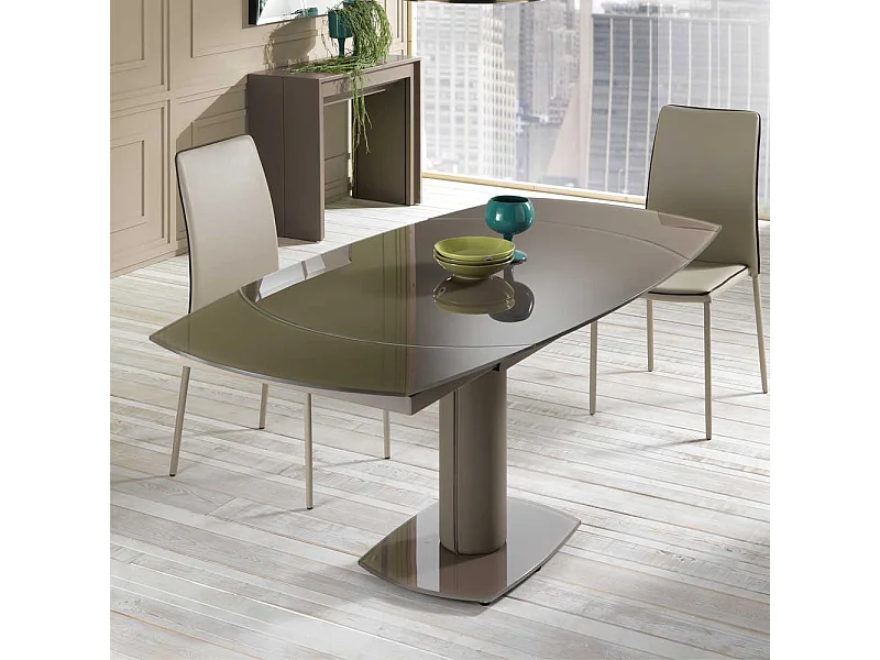 Moderner Esstisch mit grau-brauner Glasplatte ausziehbar