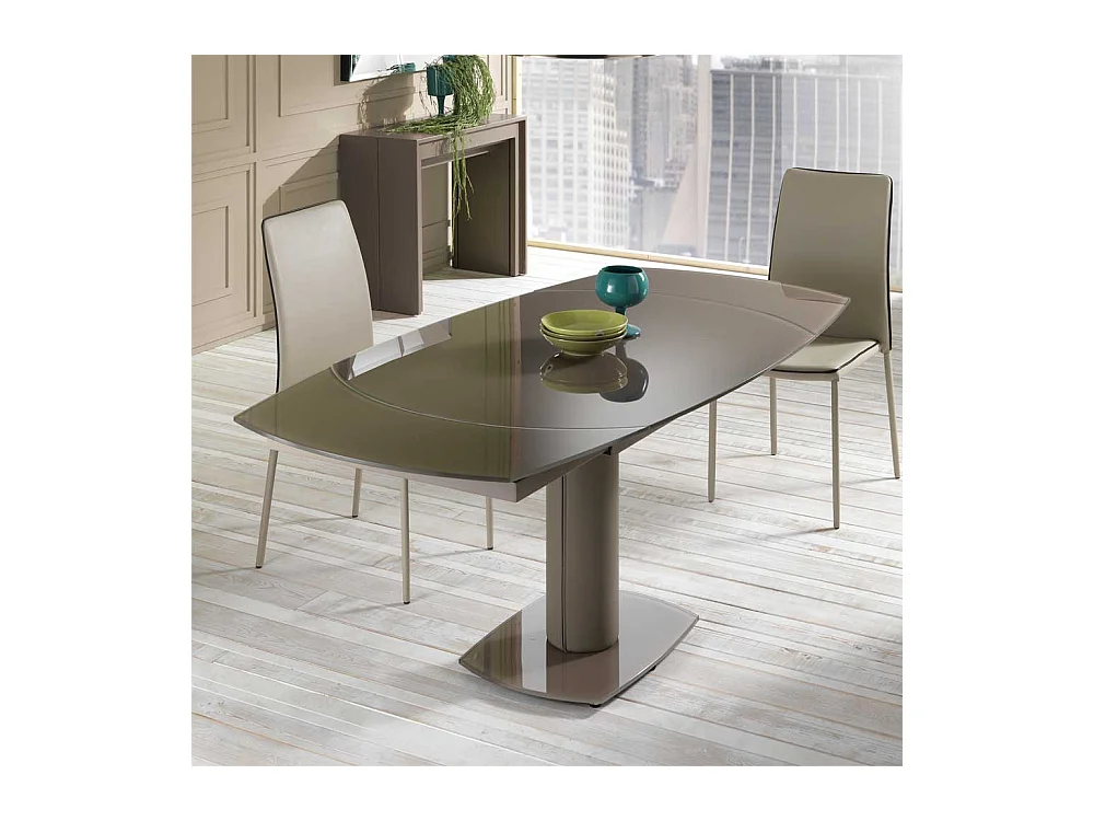 Moderner Esstisch mit grau-brauner Glasplatte ausziehbar