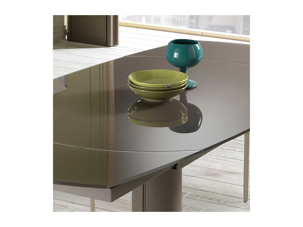 Moderner Esstisch mit grau-brauner Glasplatte ausziehbar