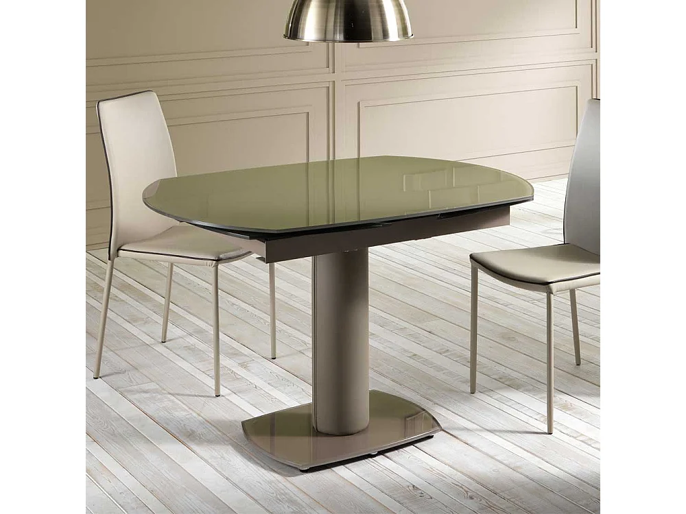 Moderner Esstisch mit grau-brauner Glasplatte ausziehbar