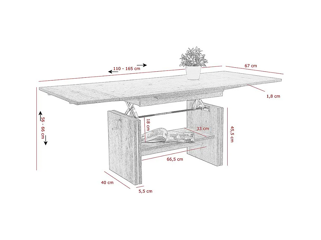 Couchtisch in Wildeichefarben ausziehbar und höhenverstellbar