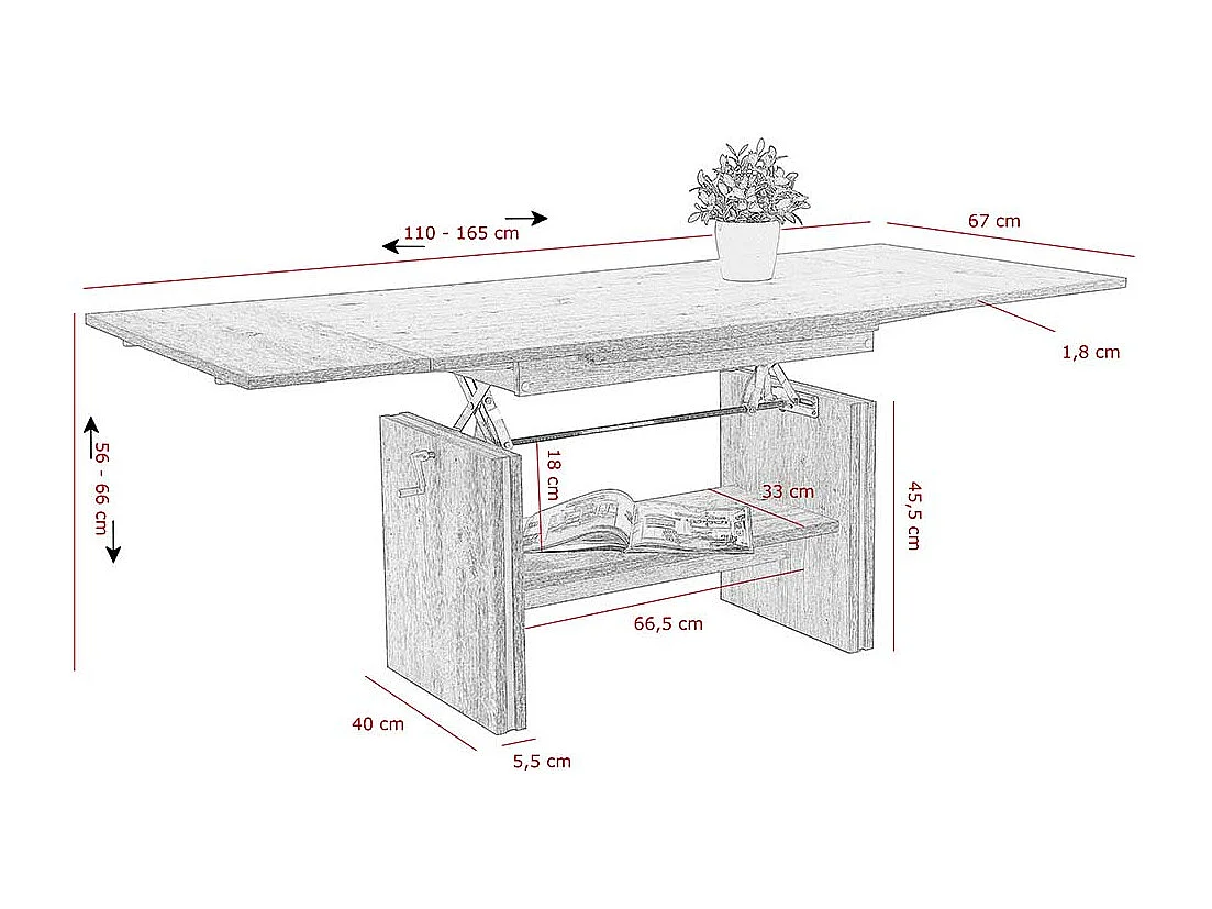 Couchtisch in Wildeichefarben ausziehbar und höhenverstellbar