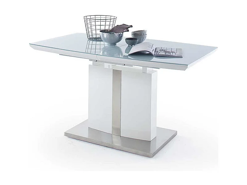 Ausziehbarer Säulen Esstisch mit Glas beschichtet Weiß Hochglanz