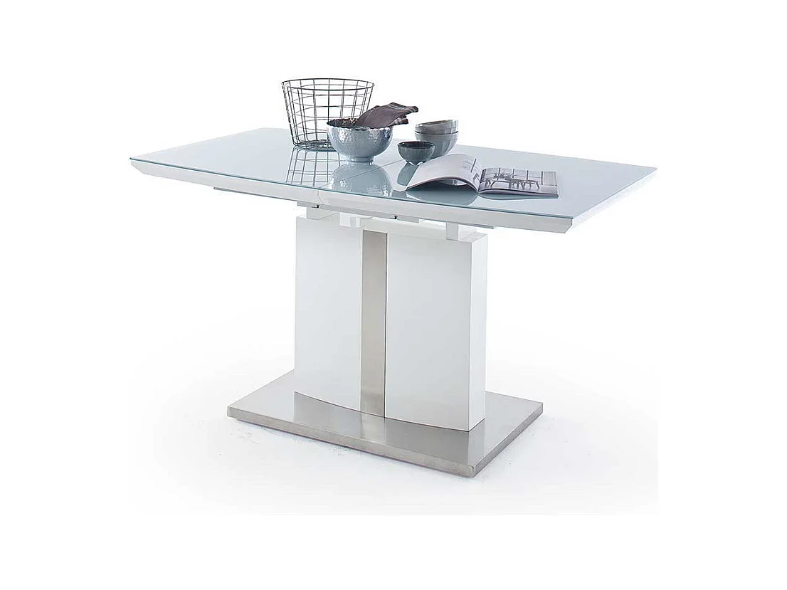 Ausziehbarer Säulen Esstisch mit Glas beschichtet Weiß Hochglanz