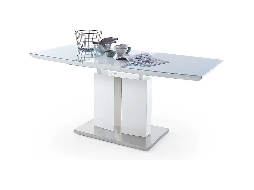 Ausziehbarer Säulen Esstisch mit Glas beschichtet Weiß Hochglanz