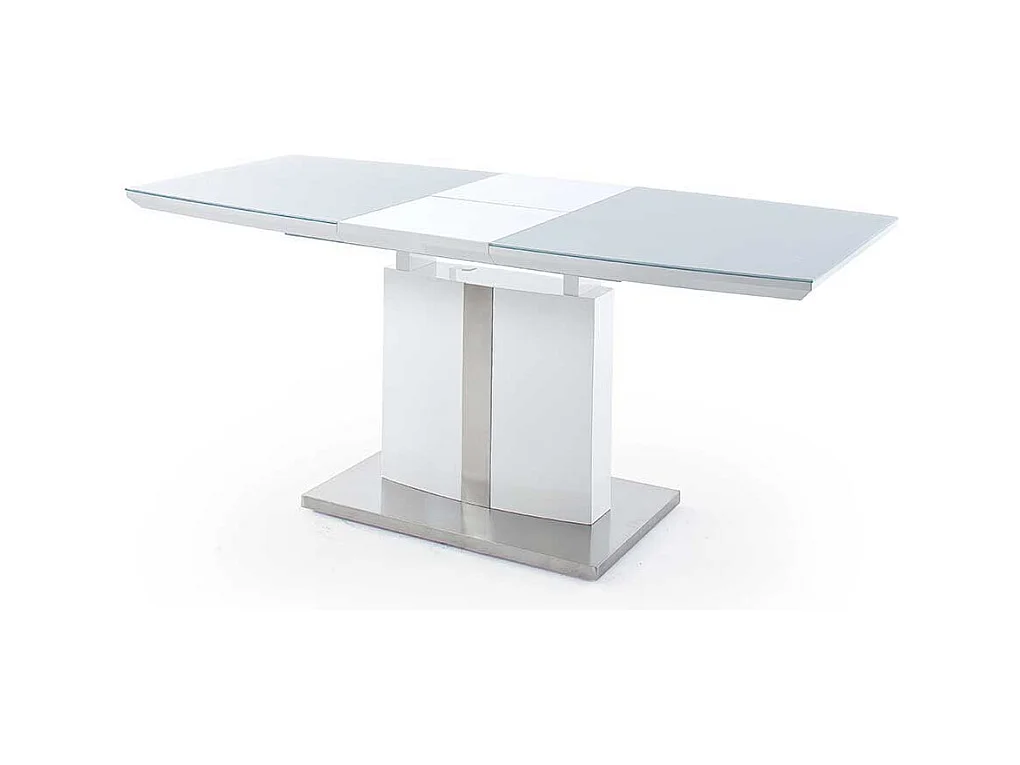 Ausziehbarer Säulen Esstisch mit Glas beschichtet Weiß Hochglanz