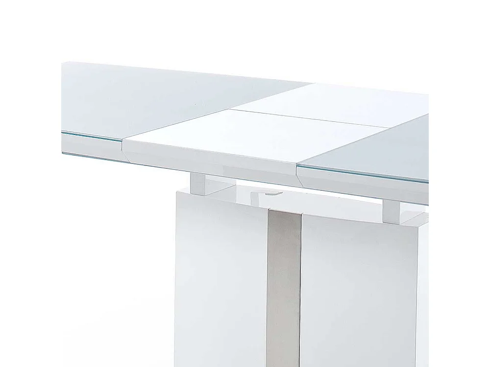 Ausziehbarer Säulen Esstisch mit Glas beschichtet Weiß Hochglanz